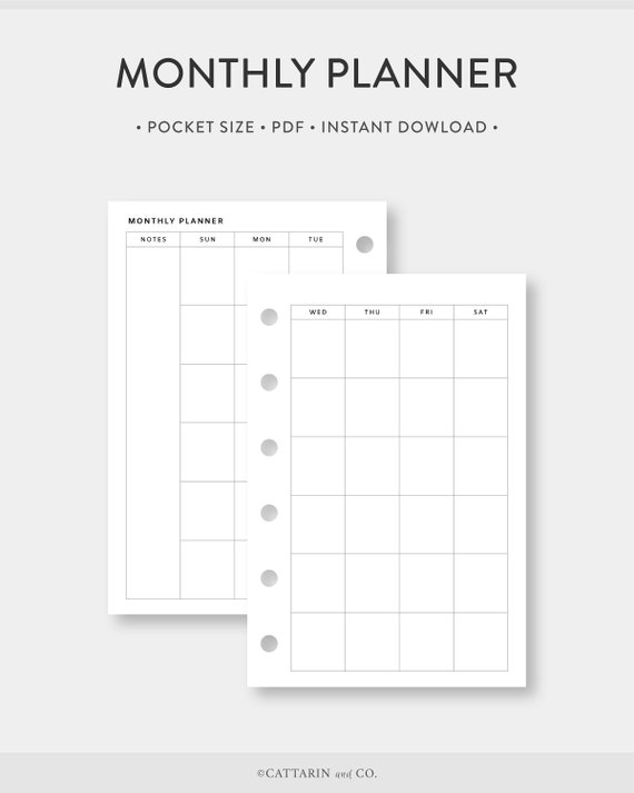 Pocket, Minimalist Monthly Planner Printable Calendar | Month on Two Pages | Undated Simple Template Journal PDF Inserts | PK Size | mo2p