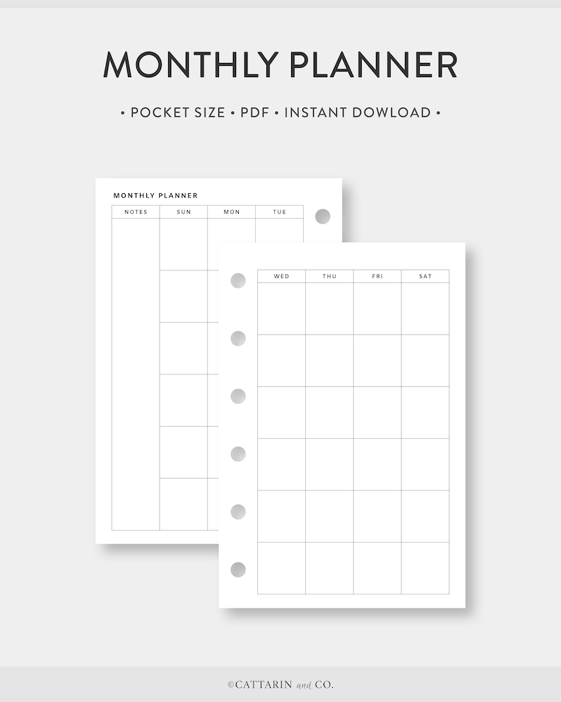 Op de afbeelding: Een printbare maandelijkse planner sjabloon in zwart-wit. De planner is ontworpen voor een zakformaat notitieboekje en bevat een notitiegedeelte, de dagen van de week en een raster om te schrijven.