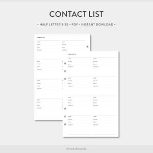 Half Letter, Contact List Printable