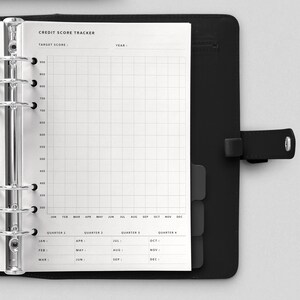 May include: A black and white credit score tracker with a grid for recording scores monthly. The tracker has a section for each month of the year, including January, February, March, April, May, June, July, August, September, October, November, and December. The tracker also has a section for each quarter of the year.