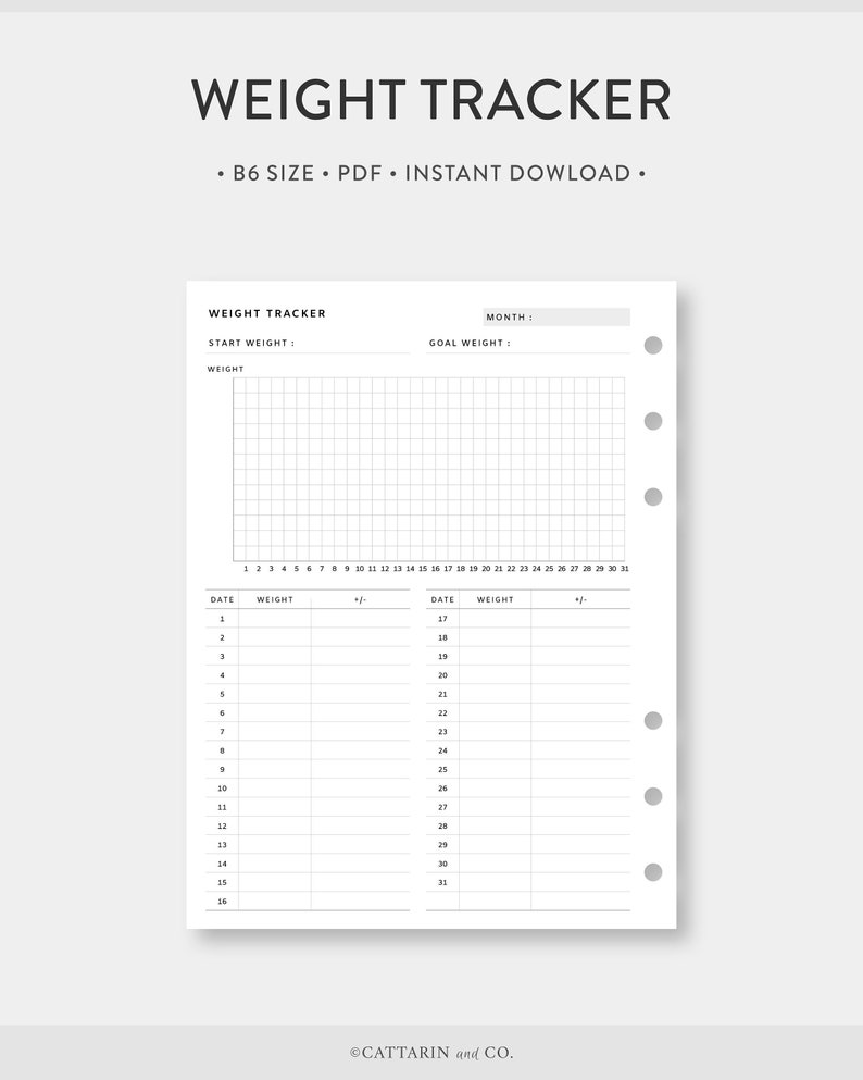 B6, Weight Tracker Printable Monthly Weight Loss Chart, Fitness Planner