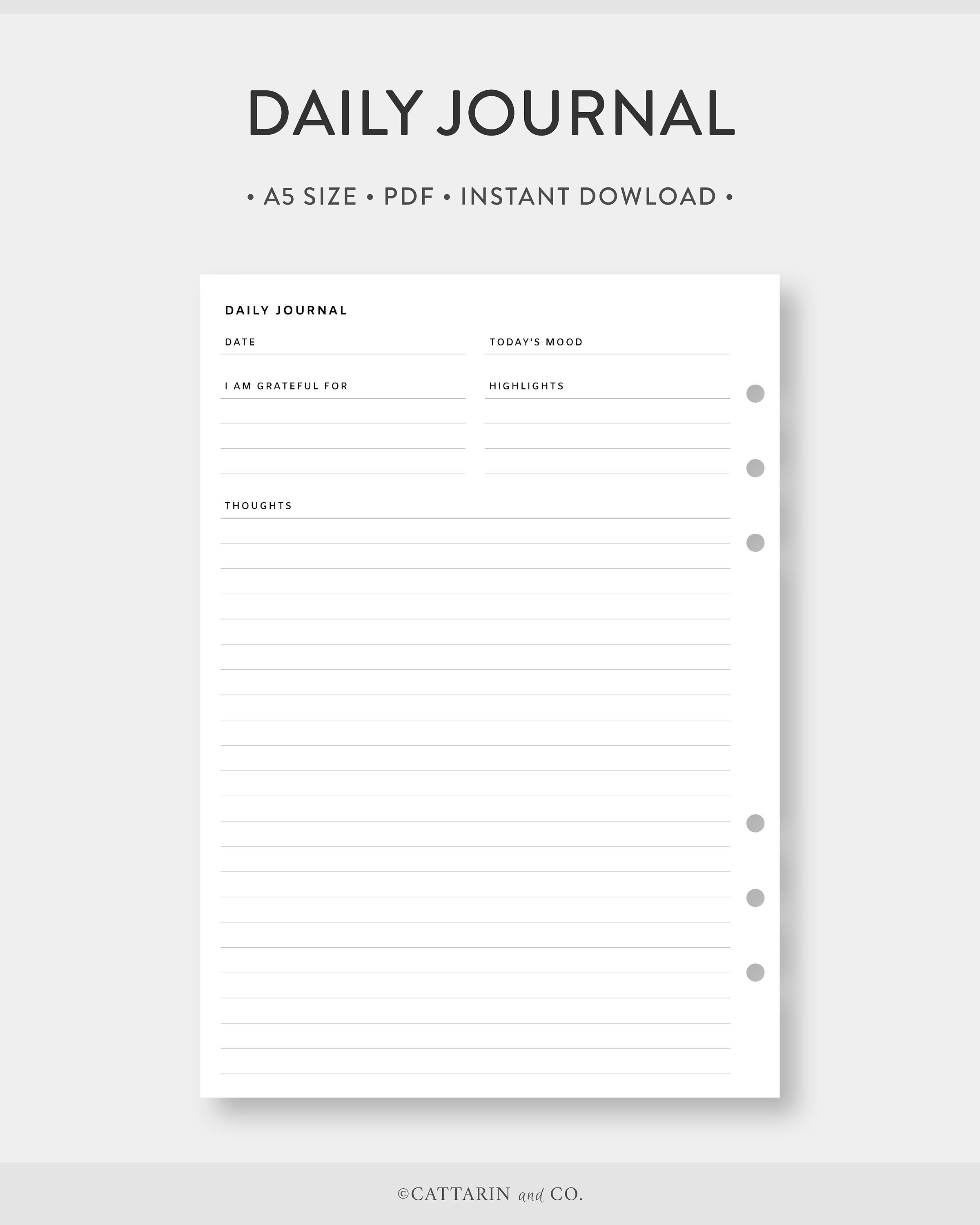 A5, Daily Journal Printable Lined Daily Diary Template Undated