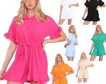 Women Jumpsuit Frill Hem Tie Up Button Short Sleeve Summer Rompers Sexy Stretchy Playsuit Collar 8-12 Holiday Travel Party