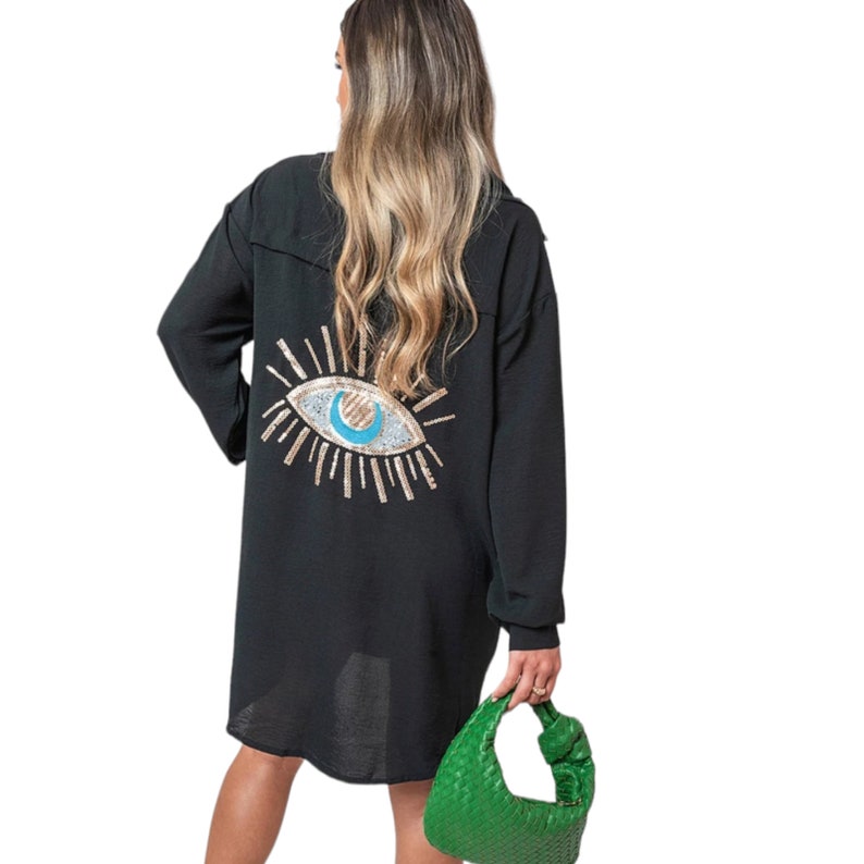 Women's Sequin Eye Button Up Ladies Oversized Summer Tunic Mini Dress Shirt Tops Casual Long Sleeve 8-16 Travel Holiday Office Black