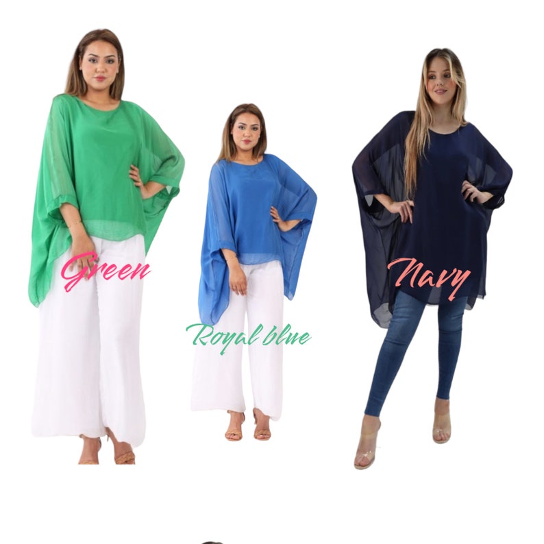 Women's silk ladies italian plain batwing tunic lagenlook blouses top 8-16 round neck casual summer holiday image 5