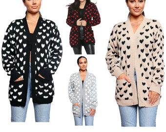 Womens jumper ladies heart knitted cardigan open front pockets long sleeve regular plus sizes up to 3xl