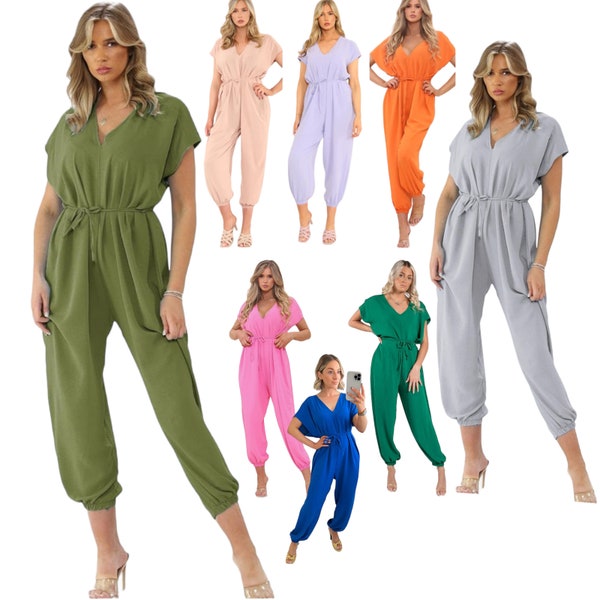 Women's jumpsuit casual Short Sleeve tie belted waist harem wide leg cuffed ladies v neck loungewear playsuit