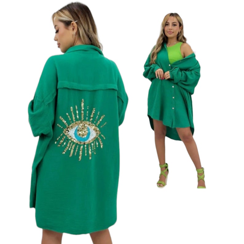 Women's Sequin Eye Button Up Ladies Oversized Summer Tunic Mini Dress Shirt Tops Casual Long Sleeve 8-16 Travel Holiday Office Green