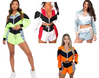 Womens Colour Block Cropped Shell Long Sleeve Jacket & Shorts Co-Ord Set Tracksuit Casual Sport Holiday Party