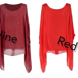 Women's silk ladies italian plain batwing tunic lagenlook blouses top 8-16 round neck casual summer holiday Red