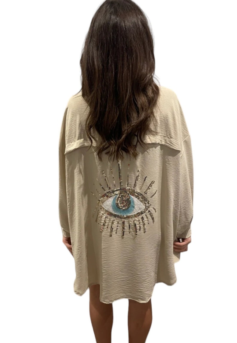 Women's Sequin Eye Button Up Ladies Oversized Summer Tunic Mini Dress Shirt Tops Casual Long Sleeve 8-16 Travel Holiday Office Beige