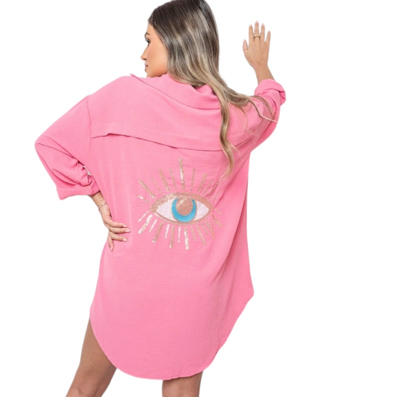 Women's Sequin Eye Button Up Ladies Oversized Summer Tunic Mini Dress Shirt Tops Casual Long Sleeve 8-16 Travel Holiday Office Pink