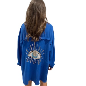 Women's Sequin Eye Button Up Ladies Oversized Summer Tunic Mini Dress Shirt Tops Casual Long Sleeve 8-16 Travel Holiday Office Royal Blue