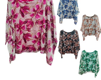 Frauen Blumen Top Damen Italienische Fledermaus Tunika Lagenlook Blusen 8-16 Rundhalsausschnitt Lässig Sommer Urlaub