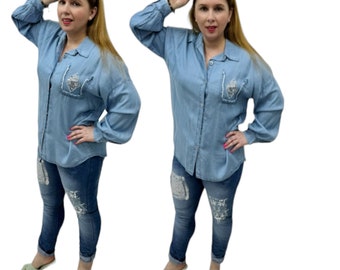 Women's  Top Denim Shirt Long Sleeve Plain Button Front Blouse Pocket Summer Ladies 8-14 Holiday Party Office Shirts