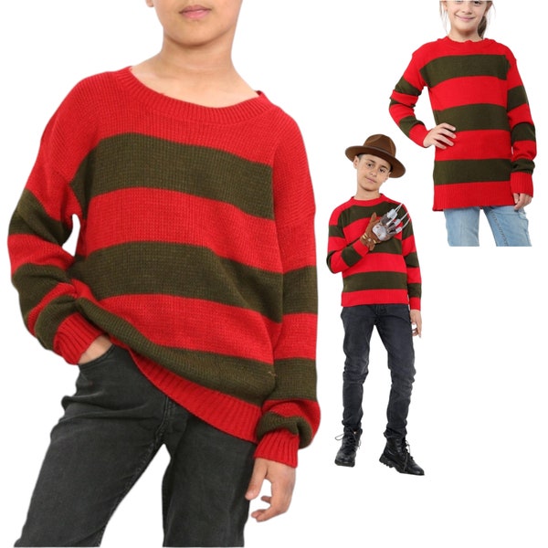 Kids unisex girls boys halloween red&green stripe halloween costume dress knitted jumper sweater