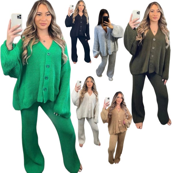 Women's knitted loungewear sets ladies plain chunky 5 button casual winter warm oversized baggy loose fit ladies 2 piece tracksuits uk 8-14