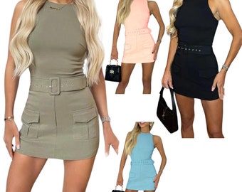 Womens Belted Dress Ladies Combat Cargo Pocket Sleeveless Playsuit Skort Set Skirt Summer Holiday Beach Travel Party