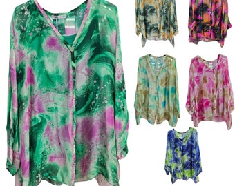 Women Tunic Top Silk 3/4 Sleeve Abstract Paint Button Front Blouse Summer 8-14 Holiday V-Neckline Elegant Party Office