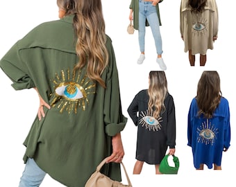 Women's Sequin Eye Button Up Ladies Oversized Summer Tunic Mini Dress Shirt Tops Casual Long Sleeve 8-16 Travel Holiday Office