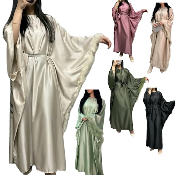 Women's Satin Belted Dress For Women Luxury Abaya Batwing Sleeves Feather Kaftan Ramadan Ladies 6-20 Elegant