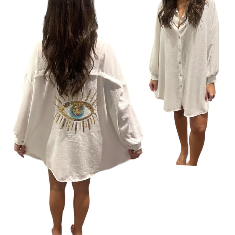 Women's Sequin Eye Button Up Ladies Oversized Summer Tunic Mini Dress Shirt Tops Casual Long Sleeve 8-16 Travel Holiday Office White