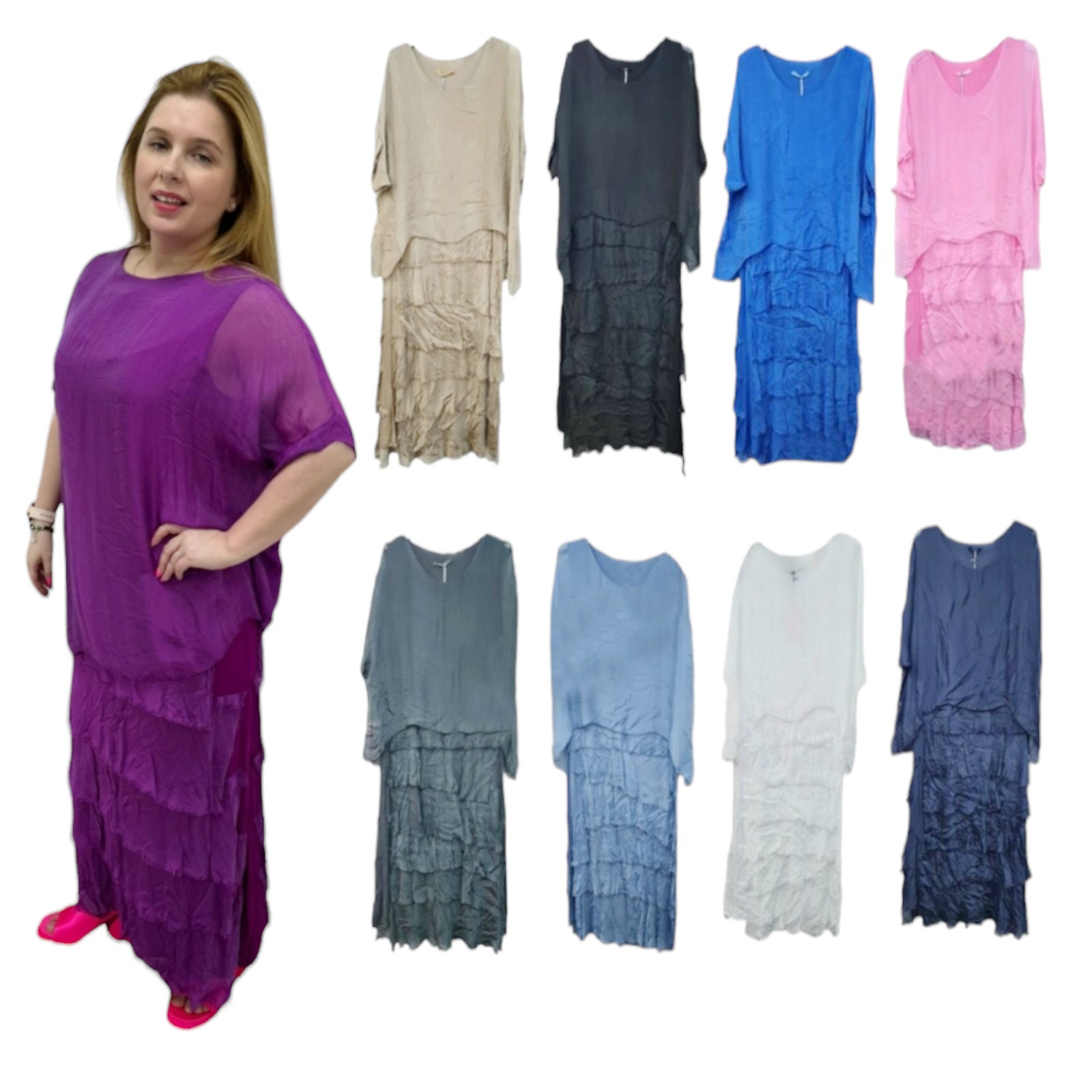 Women s Dress Italian Shredded Lagenlook Plain Short Sleeve Frill Ladies Frayed Silk Elegant Long Maxi One Size Oversize Party Holiday Etsy