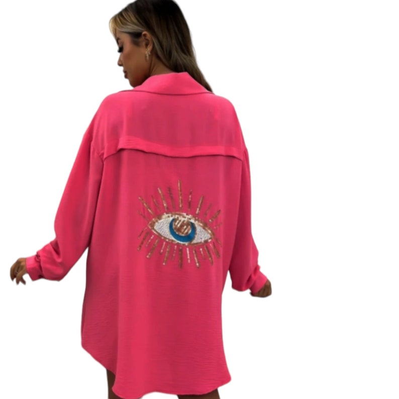 Women's Sequin Eye Button Up Ladies Oversized Summer Tunic Mini Dress Shirt Tops Casual Long Sleeve 8-16 Travel Holiday Office Fuchsia