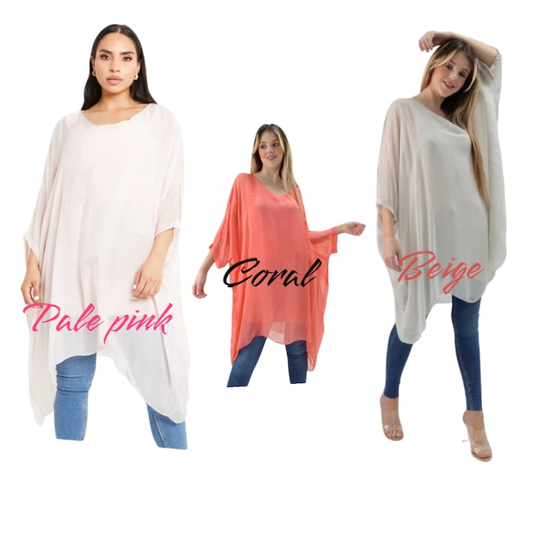 Women's silk ladies italian plain batwing tunic lagenlook blouses top 8-16 round neck casual summer holiday Pale Pink