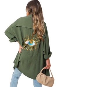 Women's Sequin Eye Button Up Ladies Oversized Summer Tunic Mini Dress Shirt Tops Casual Long Sleeve 8-16 Travel Holiday Office Khaki