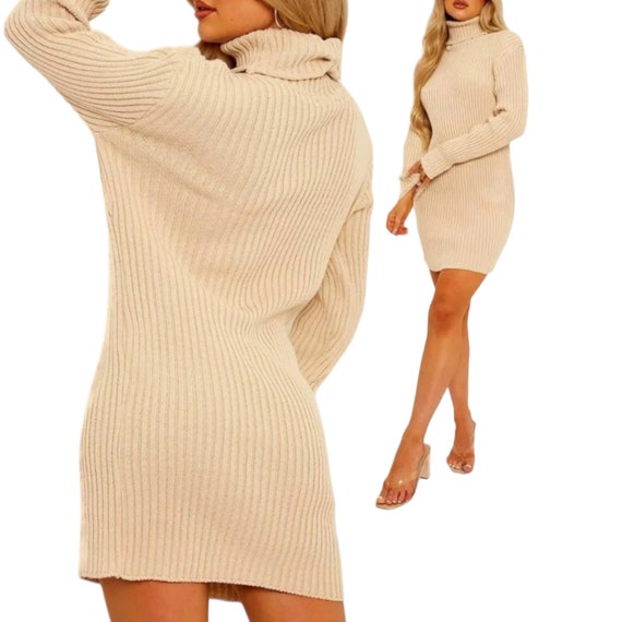 Women s Ladies Chunky Knitted High Polo Roll Neck Baggy Oversized Jumper Dress Top One Size Uk 8 14 Etsy