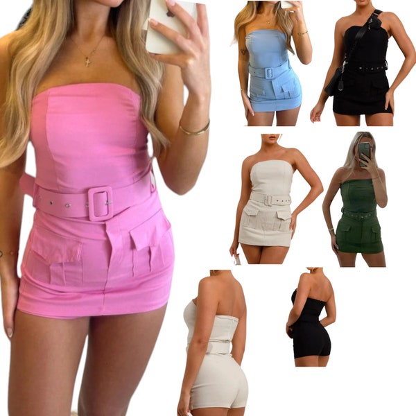 Womens Belted Playsuit Ladies Combat Cargo Pocket Sleeveless Strappy Skort Set Skirt Summer Holiday Beach Travel Party