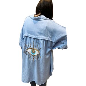 Women's Sequin Eye Button Up Ladies Oversized Summer Tunic Mini Dress Shirt Tops Casual Long Sleeve 8-16 Travel Holiday Office Sky Blue