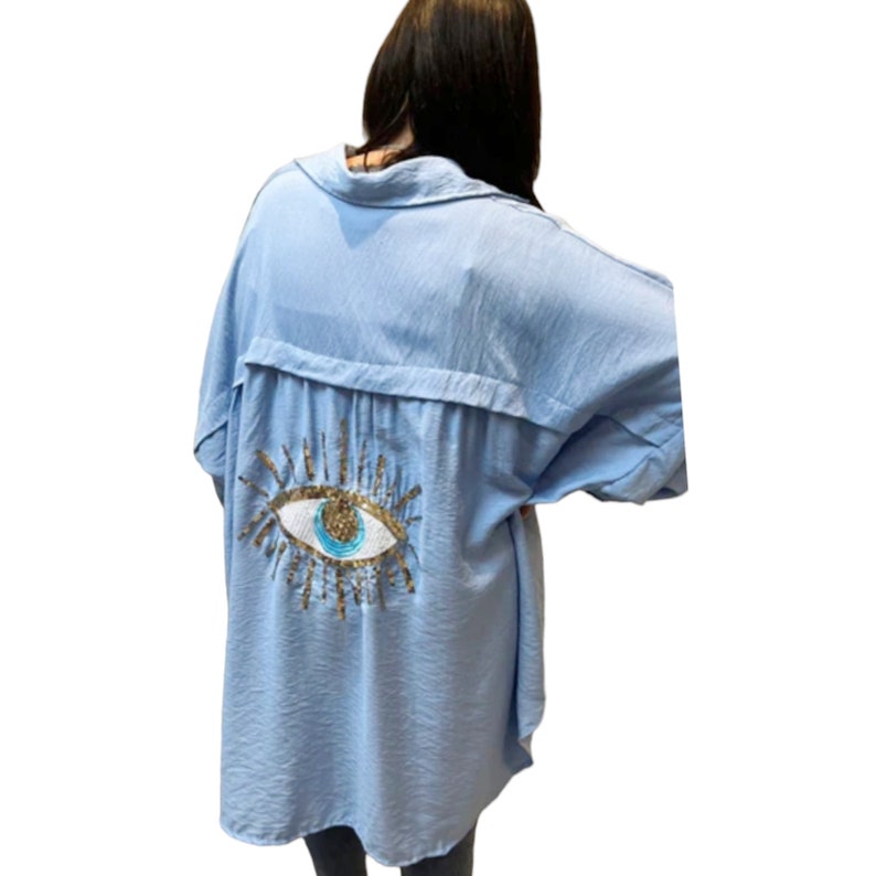 Women's Sequin Eye Button Up Ladies Oversized Summer Tunic Mini Dress Shirt Tops Casual Long Sleeve 8-16 Travel Holiday Office Sky Blue