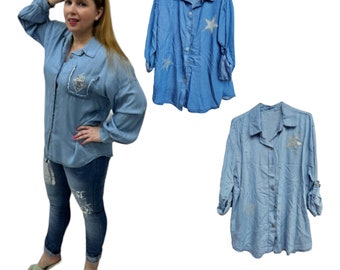 Women's  Top Denim Star Shirt Long Sleeve Plain Button Front Blouse Pocket Summer Ladies 8-14 Holiday Party Office Shirts