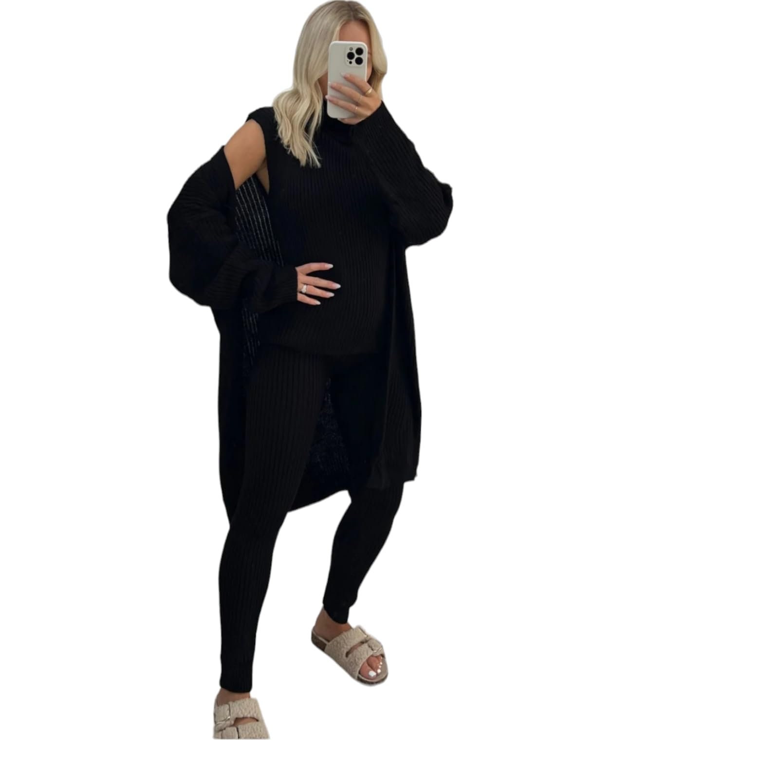 Women's 3-Piece Chunky Knit Loungewear Set – Roll Neck Vest, Cardigan & Leggings 5 thumbnail image