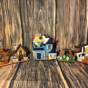 Halloween Houses, Halloween  Interchangeable Houses, Holiday Houses, Haunted Wooden Houses, Laser Cut Engraved and Painted, Haunted Houses