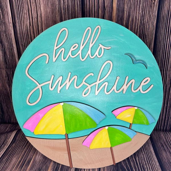 Hello Sunshine, Welcome Decor, Wood Door Sign, Vacation, Beach Life, Beach Home, Home Decor, Beach Home Decor, Beach Sign, Beach Umbrellas