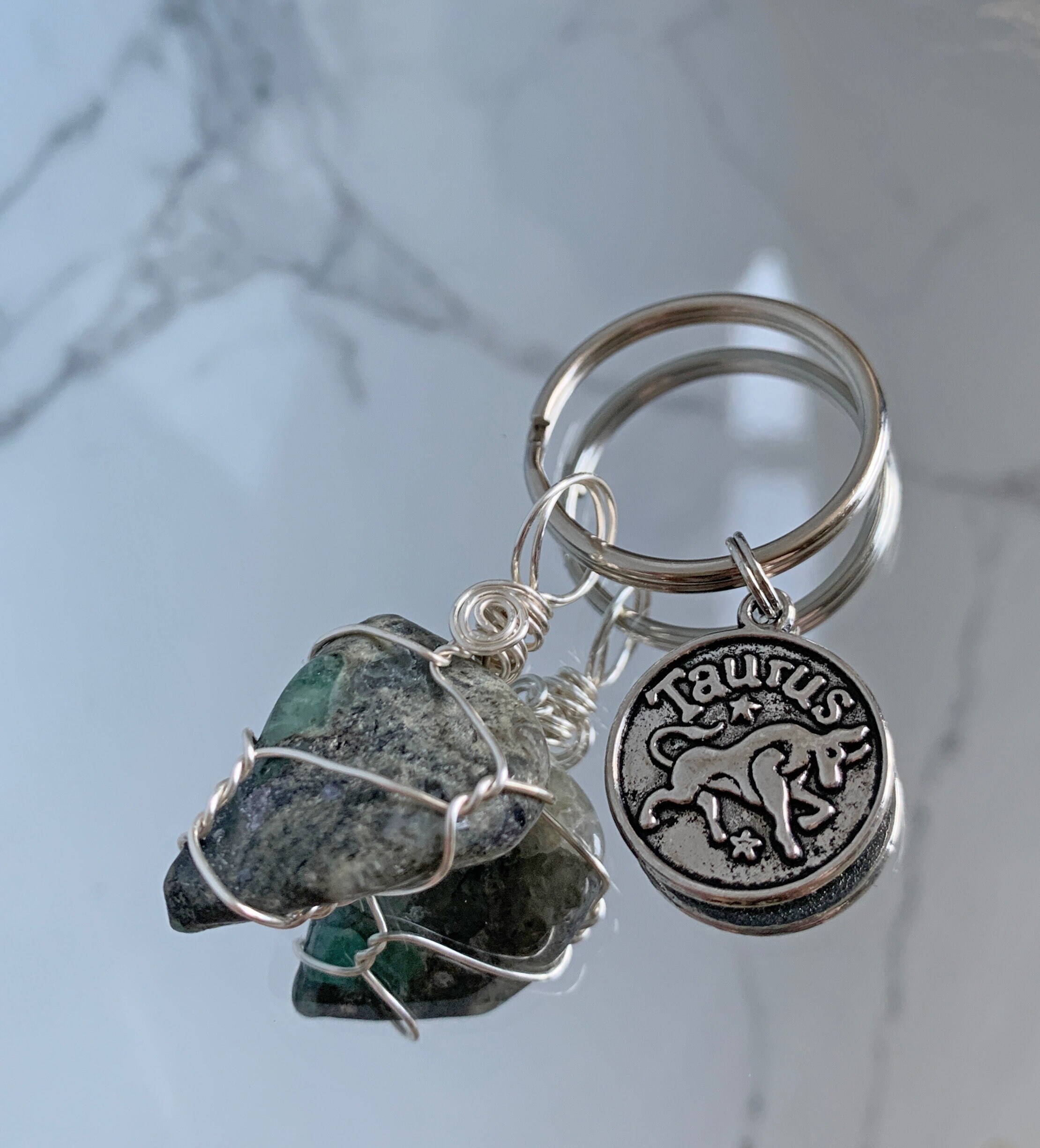 Wire wrapped Crystal Taurus Keychain Emerald Keychain Etsy