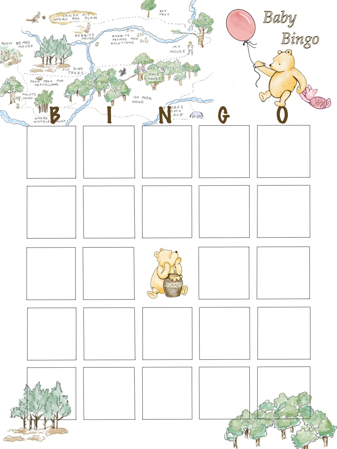 Printable Baby Shower Bingo Game Winnie The Pooh Etsy