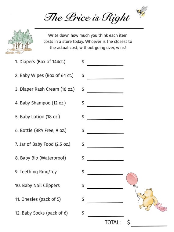 Printable Price is Right Baby Shower Game Winnie the Pooh