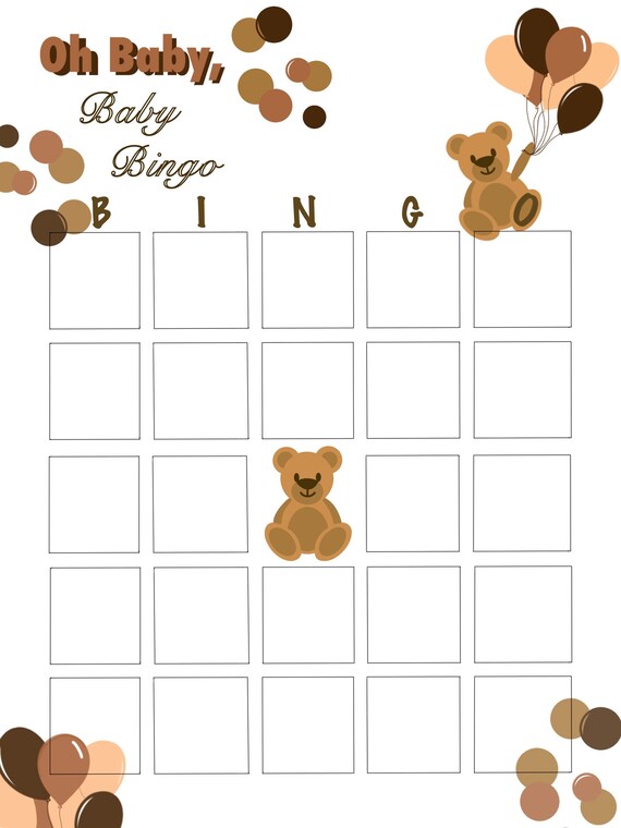 Printable Baby Shower Bingo Bear Theme - Etsy