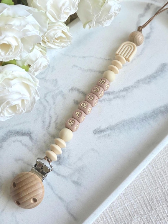 Personalised Silicone Dummy Clip | Rainbow Baby Dummy Chain | Beige Soother Holder.