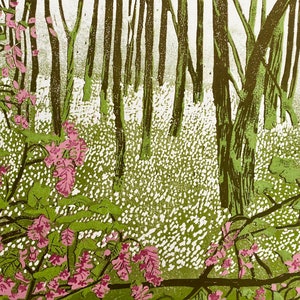Forest Green Woodland Landscape | Linocut Print | A3 | Nature Floral Flowers Trees Blossom | Wall Art | Gift | Wall Decor