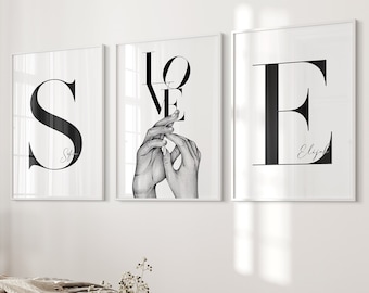 3x Personalized Love Poster Set with Names - Personalized Art Love Wall Pictures - Custom Initial Wall Art - Pictures Living Room Wedding