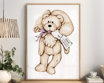 Affiche chambre d'enfant personnalisée avec prénom et date - thème astral - papier photo mat - cadeau naissance - bébé - garçon - nounours