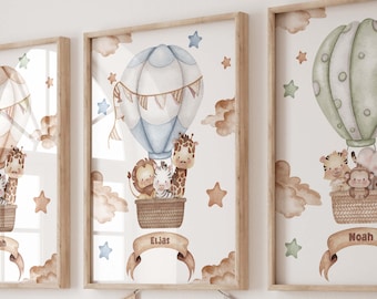 Gepersonaliseerde kinderkamerposter met naam - luchtballon met dieren - fotopapier mat - geboortecadeau - baby - jongen meisje