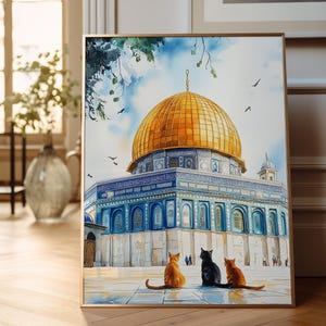 Ensemble d'affiches d'art islamique - Aquarelle - Décoration murale - Mosquée al-Aqsa - Chats - Jérusalem - Décoration murale pour salon - Impression photo mate de qualité supérieure