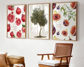 Juego de 3 carteles de arte islámico: Versos del Corán, Higo, Olivo y Granada. Caligrafía islámica para pared. Decoración de pared para cocina. Papel premium.