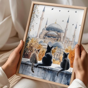 Affiche d'art islamique - Aquarelle - Images islamiques - Sainte-Sophie - Mosquée d'Istanbul - Décoration murale - Chats - Impression d'art
